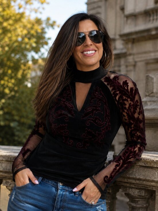INC International Concepts Tops - INC Flocked Velvet Illusion Black & Wine Choker Mesh Sweater Top Medium
